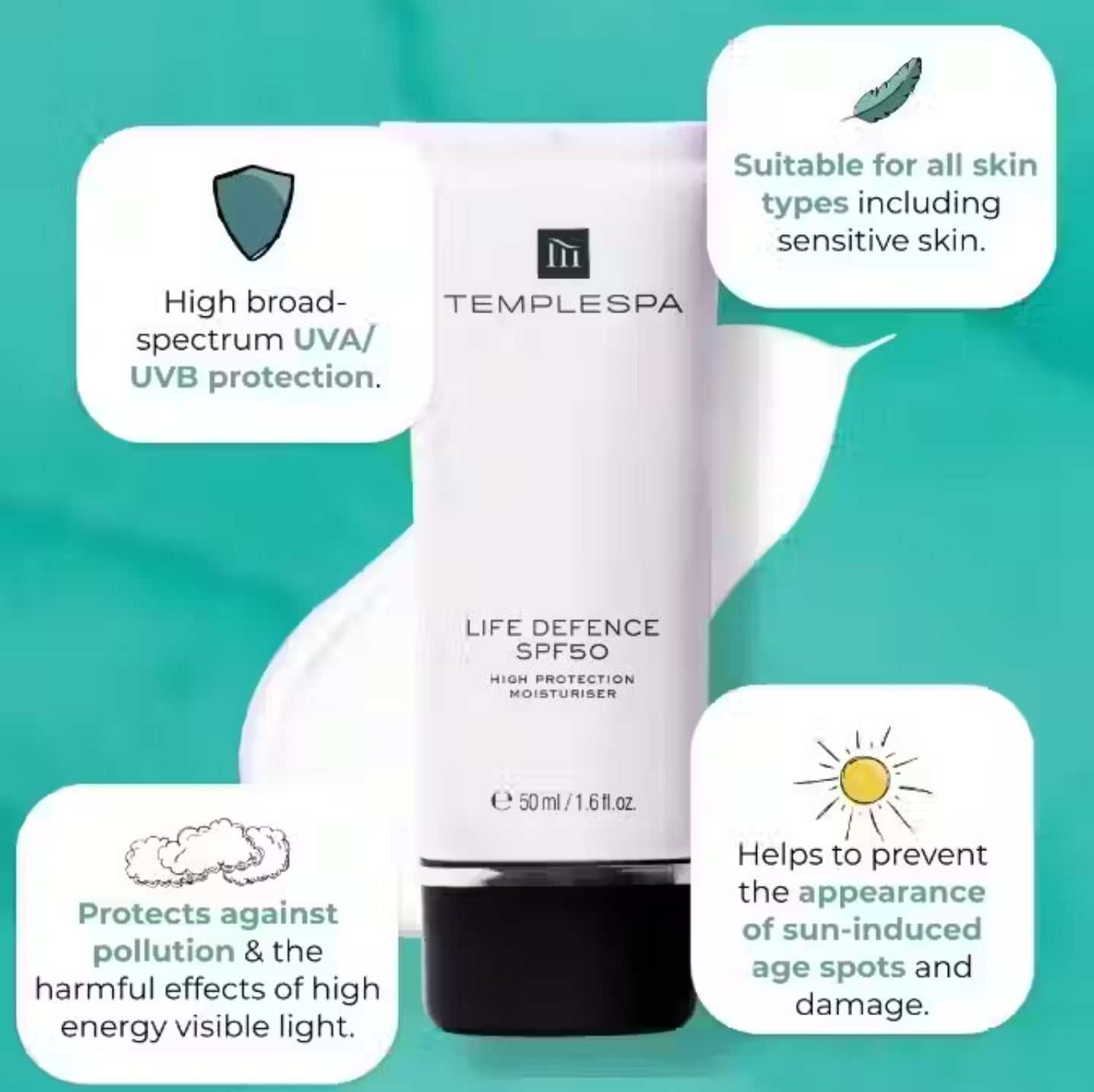 LIFE DEFENCE SPF50 High Protection SPF Moisturiser
(50 ml / 1.6 fl.oz.)UVA+ UVB+ BLUE RAY FILTER