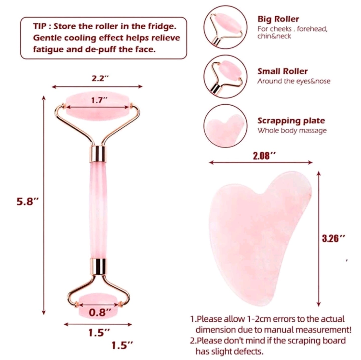 Natural Dual Headed Jade Roller For Facial Massager, Skin Care And Body Relaxation With Gua Sha Scraper And Rose Quartz Roller